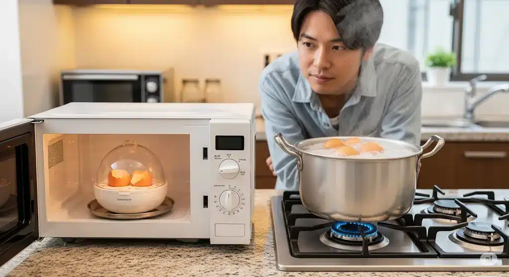⑩電子レンジと鍋調理どちらがおすすめか？『電子レンジ ニトリ 100均 ダイソー セリア ゆで卵メーカー 使い方』