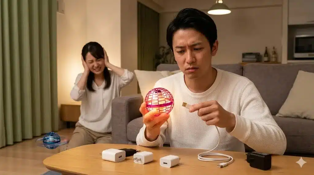 ⑪デメリット:充電方法の注意点と稼働騒音『マジックフライングボール 飛ばない 偽物 本物見分け方 口コミ 遊び方』