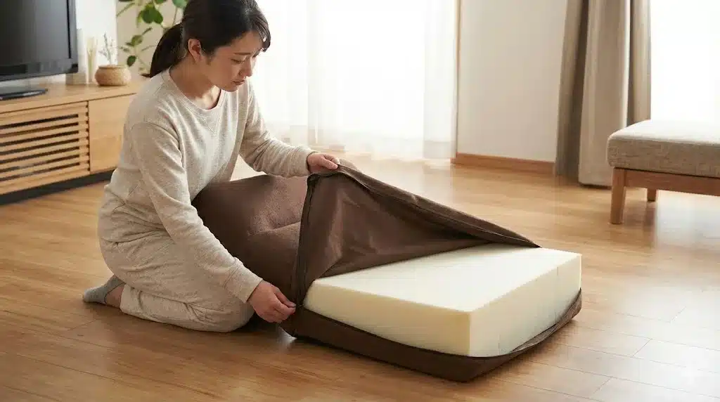 ⑦へたりや耐久性は？洗濯できる種類かどうかも解説『カインズ どこでも 背もたれ クッション 滑る 口コミ ニトリ』