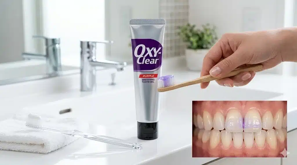 ⑩パープルジェルと併用する効果的な使い方『オキシークリア 歯磨き粉 口コミ 白くなる 紫 パープル』