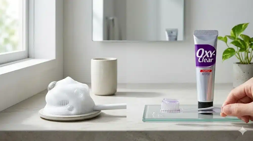 ⑦泡立ちの少なさなどデメリットを分かりやすく解説『オキシークリア 歯磨き粉 口コミ 白くなる 紫 パープル』